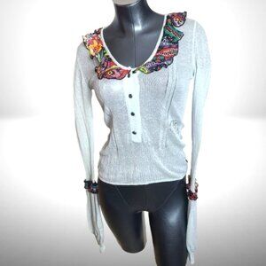 Just Cavalli (Roberto Cavalli) Sheer Knit Top w/ Ruffle Trim